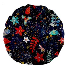 Festive Floral Pattern Christmas Blue Floral Flower Foliage Leaves Pattern Red Snow Winter Large 18  Premium Round Cushions