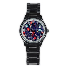 Festive Floral Pattern Christmas Blue Floral Flower Foliage Leaves Pattern Red Snow Winter Stainless Steel Round Watch