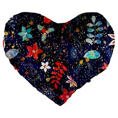 Festive Floral Pattern Christmas Blue Floral Flower Foliage Leaves Pattern Red Snow Winter Large 19  Premium Flano Heart Shape Cushions