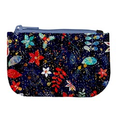 Festive Floral Pattern Christmas Blue Floral Flower Foliage Leaves Pattern Red Snow Winter Large Coin Purse