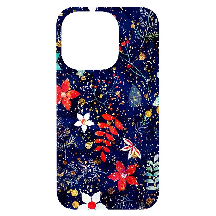 Festive Floral Pattern Christmas Blue Floral Flower Foliage Leaves Pattern Red Snow Winter iPhone 14 Pro Black UV Print Case