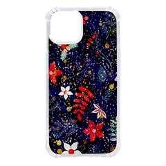 Festive Floral Pattern Christmas Blue Floral Flower Foliage Leaves Pattern Red Snow Winter Iphone 14 Tpu Uv Print Case