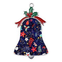 Festive Floral Pattern Christmas Blue Floral Flower Foliage Leaves Pattern Red Snow Winter Metal Holly Leaf Bell Ornament