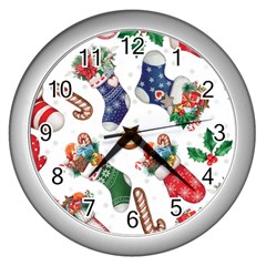 Christmas Socks Gloves Candy Cane Stocking Seamless Wall Clock (silver) by Grandong