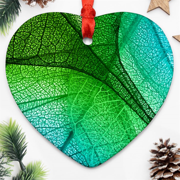 3d Leaves Texture Sheet Blue Green Heart Ornament (Two Sides)