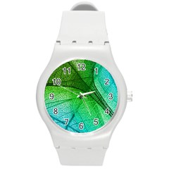 3d Leaves Texture Sheet Blue Green Round Plastic Sport Watch (m)