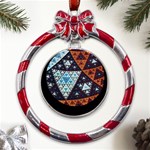 Fractal Triangle Geometric Abstract Pattern Metal Red Ribbon Round Ornament Front