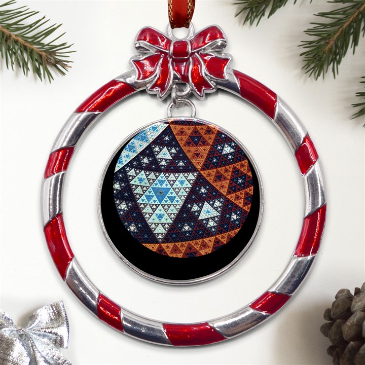 Fractal Triangle Geometric Abstract Pattern Metal Red Ribbon Round Ornament