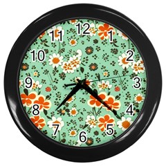 Retro 1960s Flowers Pattern 3 Wall Clock (black)