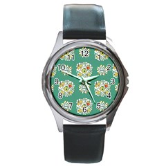 Retro 1960s Flowers Pattern 2 Round Metal Watch by patterns123