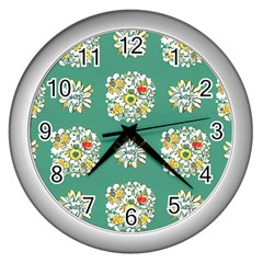 Retro 1960s Flowers Pattern 2 Wall Clock (silver) by patterns123