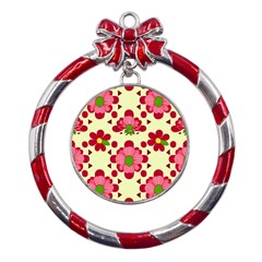 Retro 1960s Flowers Pattern 4 Metal Red Ribbon Round Ornament by patterns123