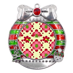 Retro 1960s Flowers Pattern 4 Metal X mas Ribbon With Red Crystal Round Ornament