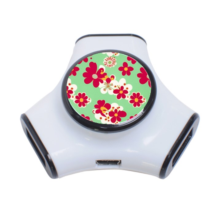 Retro 1960s Flowers Pattern 3-Port USB Hub