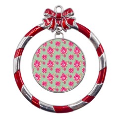 Retro 1880s Flowers Pattern 11 Metal Red Ribbon Round Ornament by patterns123