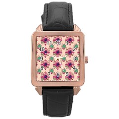 Retro 1880s Flowers Pattern 10 Rose Gold Leather Watch 