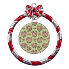 Retro 1880s Flowers Pattern 9 Metal Red Ribbon Round Ornament