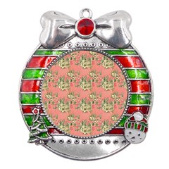 Retro 1880s Flowers Pattern 12 Metal X mas Ribbon With Red Crystal Round Ornament