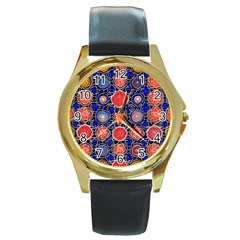 Retro Geometric Shapes And Flowers 3 Round Gold Metal Watch