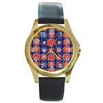 Retro Geometric Shapes And Flowers 3 Round Gold Metal Watch Front