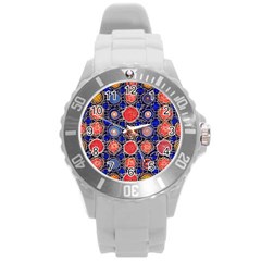 Retro Geometric Shapes And Flowers 3 Round Plastic Sport Watch (l)