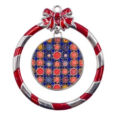 Retro Geometric Shapes And Flowers 3 Metal Red Ribbon Round Ornament