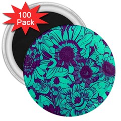 Mid Century Retro Floral 1970s 1960s Pattern 101 3  Magnets (100 Pack)