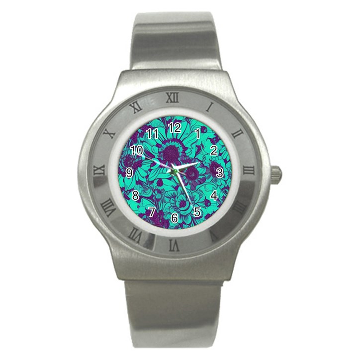 Mid Century Retro Floral 1970s 1960s Pattern 101 Stainless Steel Watch