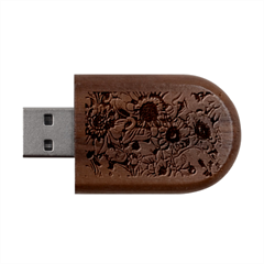 Mid Century Retro Floral 1970s 1960s Pattern 101 Wood Oval Usb Flash Drive by violetheavensky