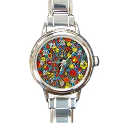 Mid Century Retro Floral 1970s 1960s Pattern 56 Round Italian Charm Watch by violetheavensky