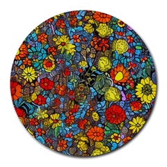 Mid Century Retro Floral 1970s 1960s Pattern 56 Round Mousepad