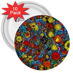 Mid Century Retro Floral 1970s 1960s Pattern 56 3  Buttons (10 Pack) 