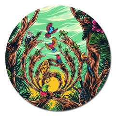 Monkey Tiger Bird Parrot Forest Jungle Style Magnet 5  (round)