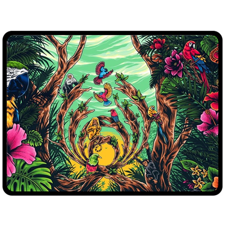 Monkey Tiger Bird Parrot Forest Jungle Style Fleece Blanket (Large)