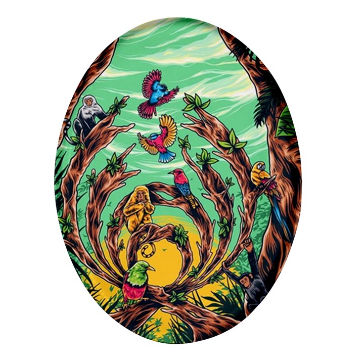 Monkey Tiger Bird Parrot Forest Jungle Style Oval Glass Fridge Magnet (4 pack)