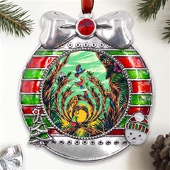 Monkey Tiger Bird Parrot Forest Jungle Style Metal X mas Ribbon With Red Crystal Round Ornament by Grandong