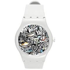 New York City Nyc Broadway Doodle Art Round Plastic Sport Watch (m)