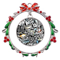 New York City Nyc Broadway Doodle Art Metal X mas Wreath Ribbon Ornament