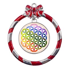 Mandala Rainbow Colorful Metal Red Ribbon Round Ornament