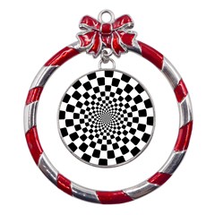 Geomtric Pattern Illusion Shapes Metal Red Ribbon Round Ornament