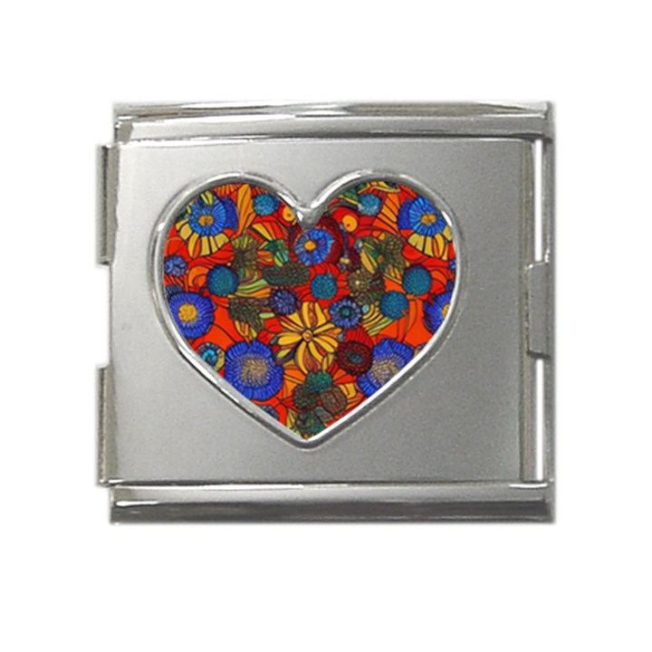 Mid Century Retro Floral 1970s 1960s Pattern 69 Mega Link Heart Italian Charm (18mm)