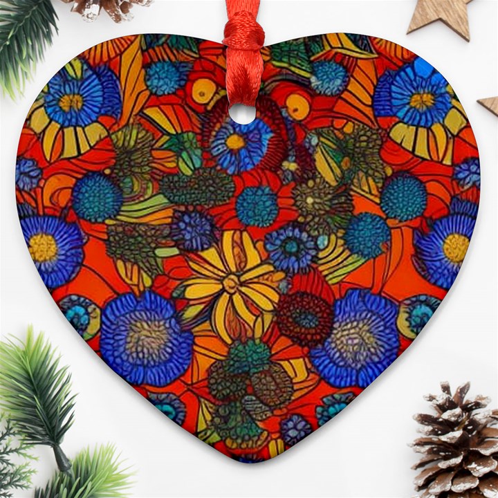 Mid Century Retro Floral 1970s 1960s Pattern 69 Heart Ornament (Two Sides)