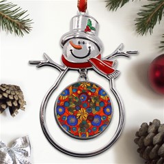 Mid Century Retro Floral 1970s 1960s Pattern 69 Metal Snowman Ornament