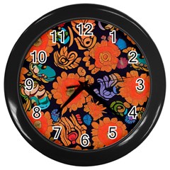 Mid Century Retro Floral 1970s 1960s Pattern 49 Wall Clock (black) by violetheavensky