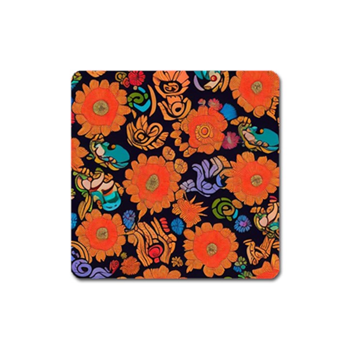 Mid Century Retro Floral 1970s 1960s Pattern 49 Square Magnet