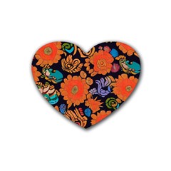 Mid Century Retro Floral 1970s 1960s Pattern 49 Rubber Heart Coaster (4 Pack)