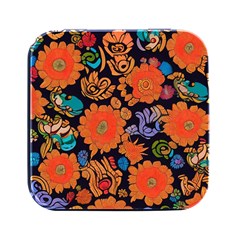 Mid Century Retro Floral 1970s 1960s Pattern 49 Square Metal Box (black)