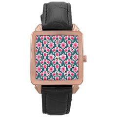 Retro 1880s Flowers Pattern 22 Rose Gold Leather Watch 