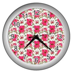 Retro 1880s Flowers Pattern 14 Wall Clock (silver) by violetheavensky