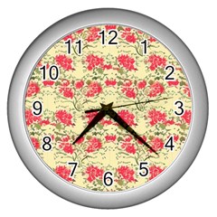 Retro 1880s Flowers Pattern 18 Wall Clock (silver) by violetheavensky